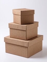 Stack of three cardboard gift boxes on white background