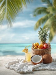 Tropical fruit basket and cocktail on beach with palm trees