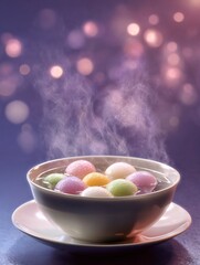 Colorful tangyuan in steaming bowl on purple festive background