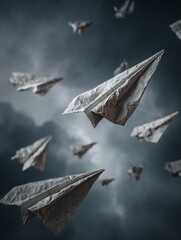 Crumpled paper planes flying in dark stormy sky