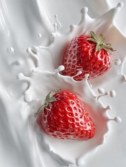 Fresh strawberries splashing in white milk in motion closeup