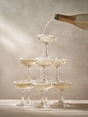 Champagne pouring into stacked glasses at celebration event
