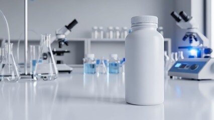 laboratory scene with scientific equipment including test tubes and microscopes