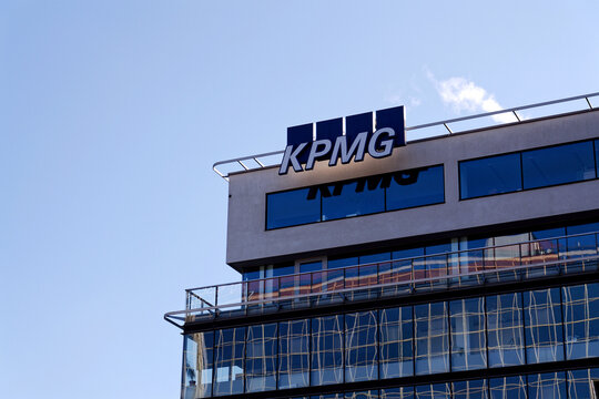 Professional service company KPMG logo on the headquarters building on November 19, 2025 in Prague, Czech Republic.