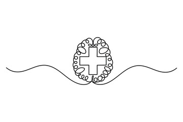 Brain outline with medical cross in continuous one line drawing