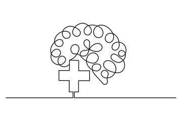 Brain and medical cross symbol in one continuous line drawing