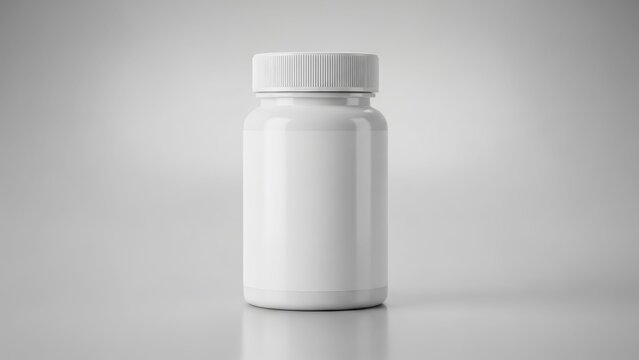 Plain white supplement pill bottle with blank label on gray background