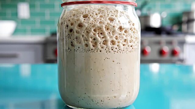 Active Sourdough Starter with Bubbles Overflowing in a Glass Jar, Ready for Baking