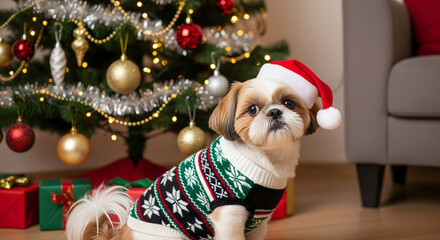 Shih Tzu Dog Wearing Christmas Sweater and Santa Hat by Tree holiday new.design creative 4k hd isolated on a transparent background