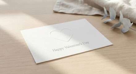 Elegant greeting card featuring embossed heart design and heartfelt message for Valentine's Day, placed on a wooden table with soft fabric and greenery accents