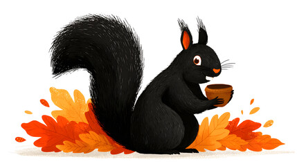 Black squirrel illustration sitting on colorful autumn leaves, holding a small bowl, showcasing playful character in a vibrant fall setting with rich textures and warm colors
