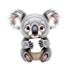 Obraz premium Adorable baby koala holding a white coffee mug with big curious eyes sitting cutely on transparent background