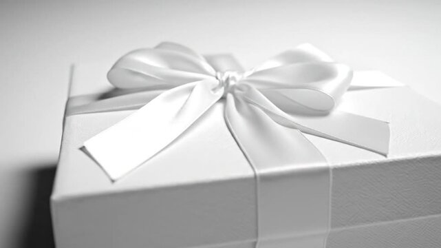 White gift box with ribbon bow on white background
