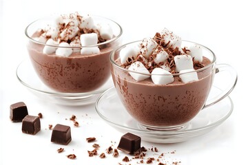 Hot chocolate topped with marshmallows in glass cups.