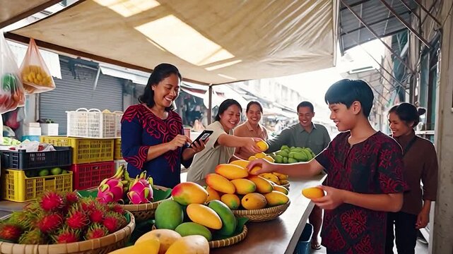 Indonesian family running fruit stall at Jakarta street market. Smiles, colorful baskets, batik fabrics, and vibrant local life captured in candid morning light.