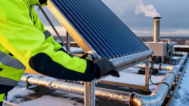 Medium shot capturing seasonal solar thermal panels being adjusted to optimize energy capture for hydronic heating during colder months.
