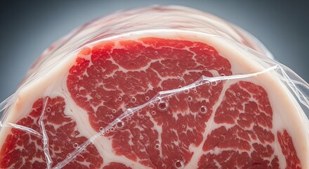 Close up of fresh raw marbled beef steak in vacuum sealed packaging, showcasing rich red meat and white fat marbling.