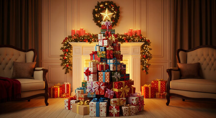 Christmas tree made of gift boxes in a decorated living room gifts new.design creative 4k hd isolated on a transparent background
