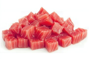 Raw tuna cubes isolated on white background.