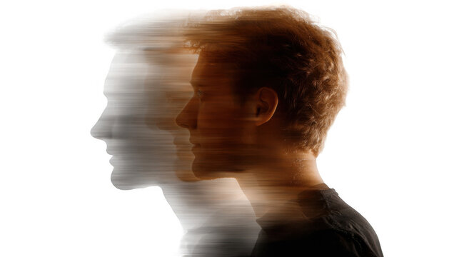 Woman grappling with schizophrenia, experiencing vivid hallucinations and engaging in a heated argument with herself against a transparent background, perfect for creative compositing