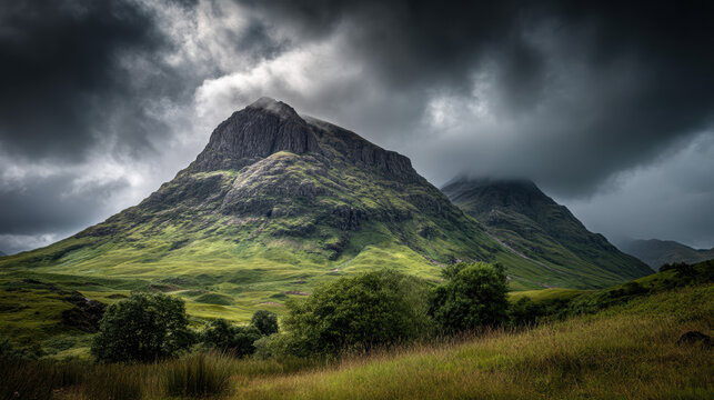 A majestic mountain range with lush green hills rises dramatically under a cloudy, overcast sky in the serene Scottish Highlands, showcasing natures splendor. - Powered by Adobe