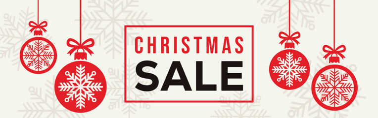 Elegant Christmas sale banner with white background, bold SALE typography and end of season text, decorated with red hanging snowflake baubles and subtle snowflake pattern, perfect for winter retail. © bibin