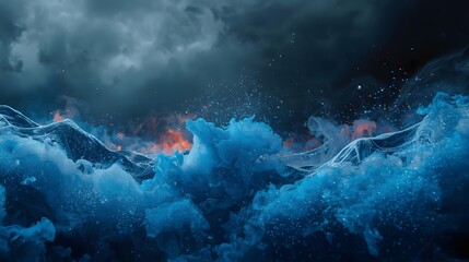 shiny smoke glitter, fluid ink water, blue color magic mist particles texture, storm sky, wave flame, dark black abstract background
