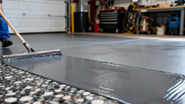 Worker smoothing a textured epoxy garage floor finish focusing on slipresistant features and robust durability for workshop environments.