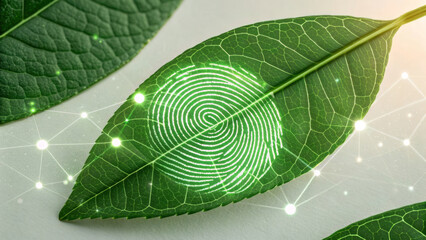 Green leaf with glowing fingerprint on surface isolated on white background