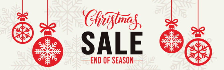 Elegant Christmas sale banner with white background, bold SALE typography and end of season text, decorated with red hanging snowflake baubles and subtle snowflake pattern, perfect for winter retail. © bibin