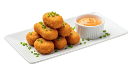 Crispy croquettes with dipping sauce beautifully presented on a white plate on transparent background