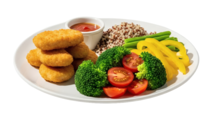 Healthy plate with chicken nuggets vegetables and quinoa on transparent background
