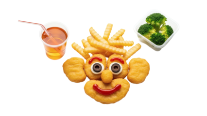 A playful face created from fast food items on transparent background