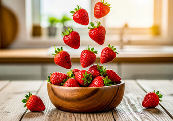 Fresh strawberries falling into wooden bowl on table with blurred background