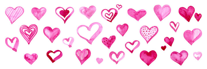 Watercolor pink hearts set isolated on white background. Hand painted love symbols in different shapes and textures. Perfect for Valentine&rsquo;s Day designs, cards, invitations, romantic decor.