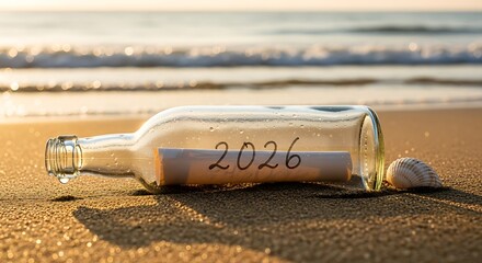 Message in a bottle on sandy beach with 2026 written on it