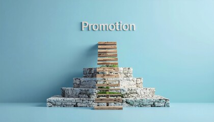 Pyramid stack of assorted pizza boxes with the word 'Promotion' on a light blue background and floor.