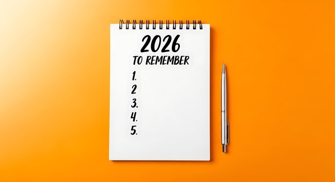 New year 2026 to remember list with pen on orange background - Powered by Adobe