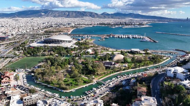 Aerial drone video of public peace and friendship stadium or SEF in the heart of Piraeus, Attica, Greece