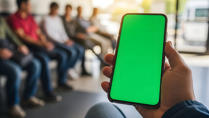 Hand holding smartphone with vibrant green screen for customizable content in a bustling modern public waiting area, emphasizing digital connectivity and accessible information