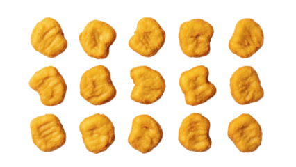 Golden brown chicken nuggets arranged in a grid on transparent background