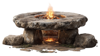 Ancient circular stone altar with fire burning dramatic ritual historic monument isolated on white background