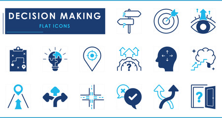 A set of flat icons related to decision-making. Decide, way, path, success, brain, innovative, idea, strategy, target, and so on.