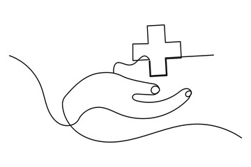 Hand holding medical cross symbol in one continuous line drawing