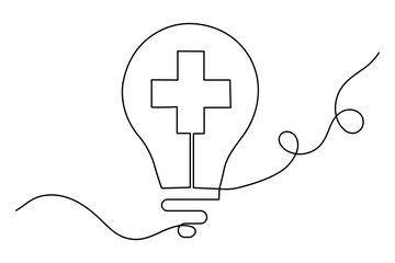 Light bulb and medical cross symbol in one continuous line drawing