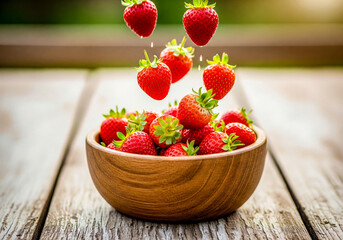 Falling strawberries into wooden bowl on weathered table with green blur