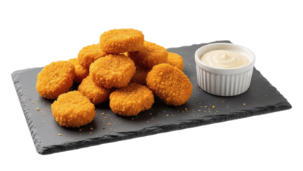Crispy chicken nuggets with dipping sauce served on a slate tray on transparent background