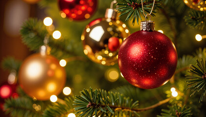 Shiny red and gold Christmas baubles on tree branch, festive decor