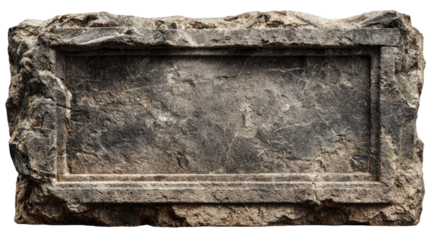 Ancient stone signboard with engraved inscriptions weathered historical artifact cultural heritage isolated on white background