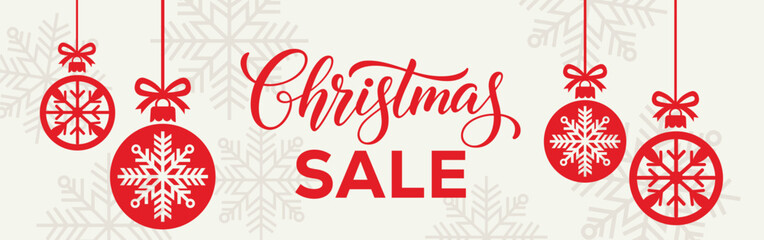 Elegant Christmas sale banner with white background, bold SALE typography and end of season text, decorated with red hanging snowflake baubles and subtle snowflake pattern, perfect for winter retail. © bibin